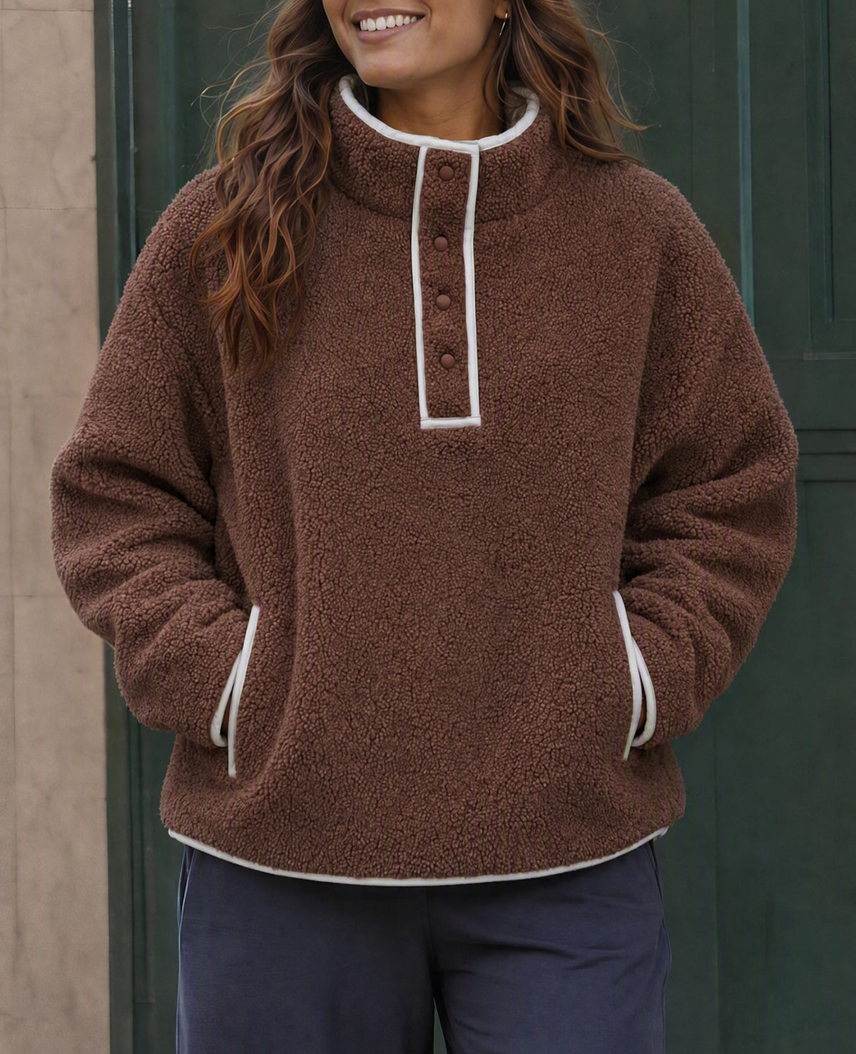 Women's Fleece Pocketed Warm Fuzzy Sweater – Brown
