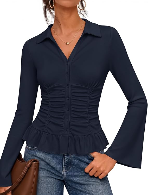 Women's Knit Button-Down V-Neck Long Sleeve Blouse – Navy