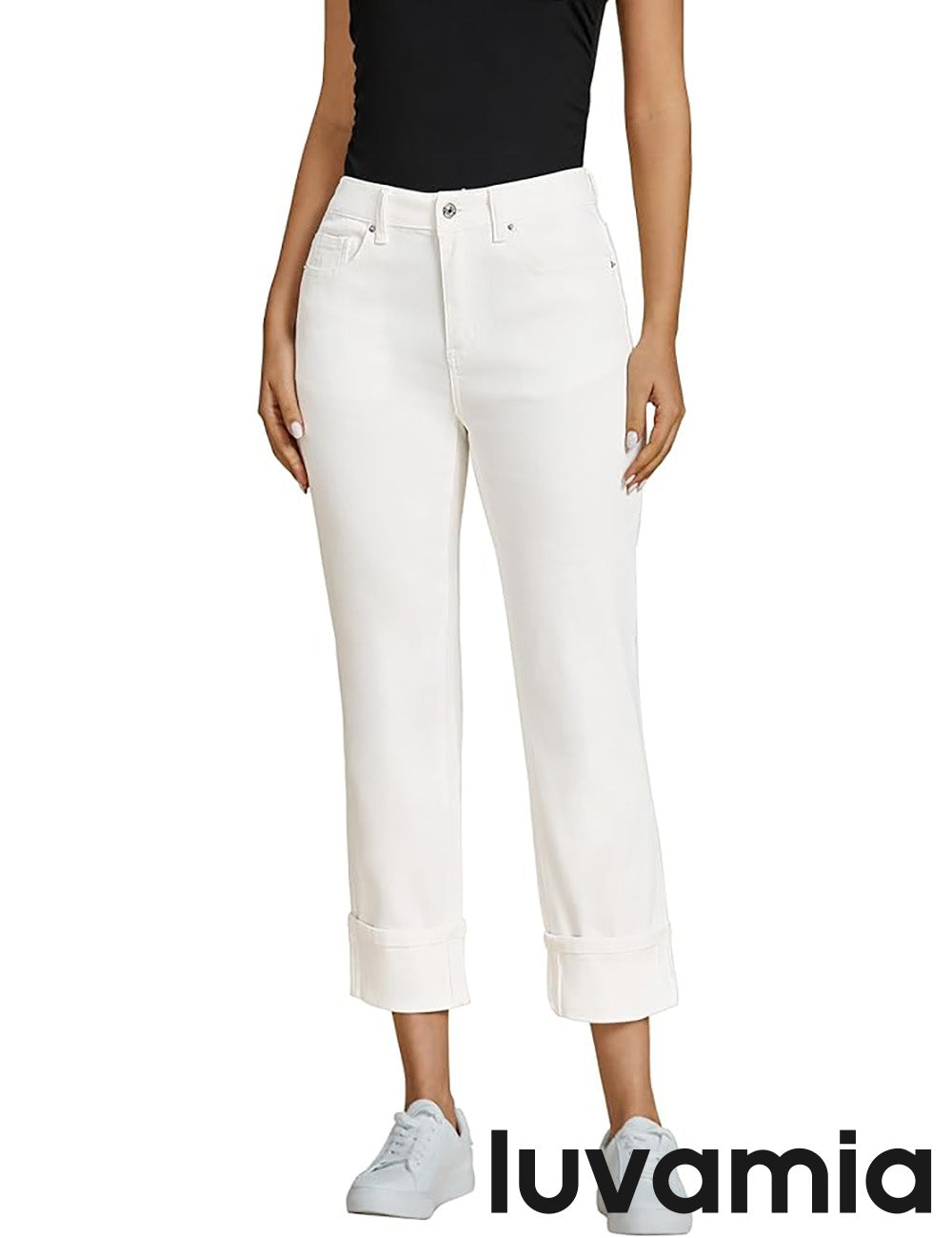 Women's Cotton Blend Cropped Straight-Leg Pocketed Jeans – Cream White