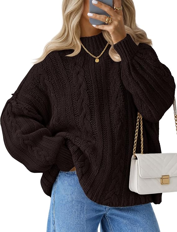 Women's Cable Knit Oversized Mock Neck Sweater – Coffee