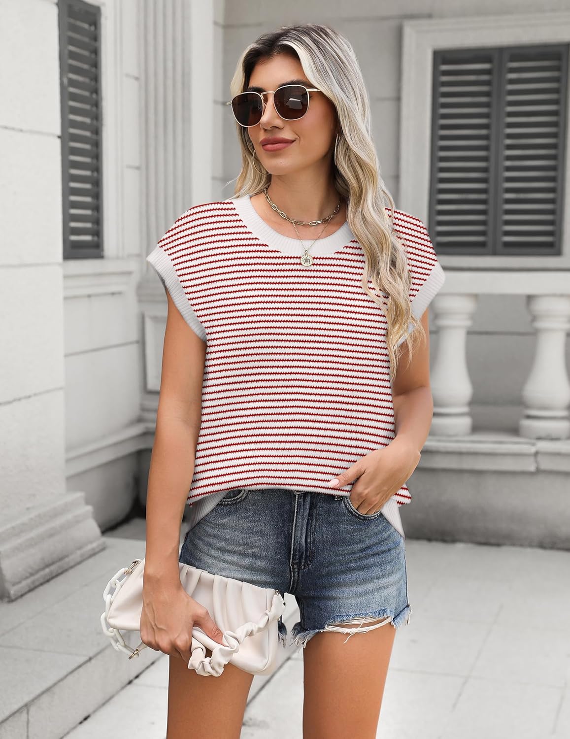 Women's Knit Cap Sleeve Sweater – Stripe Red