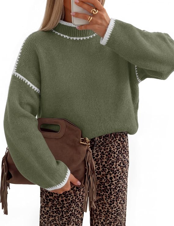 Women's Oversized Mock Neck Sweater – Army Green