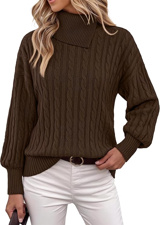 Women's Cable Knit Turtleneck Sweater – Coffee