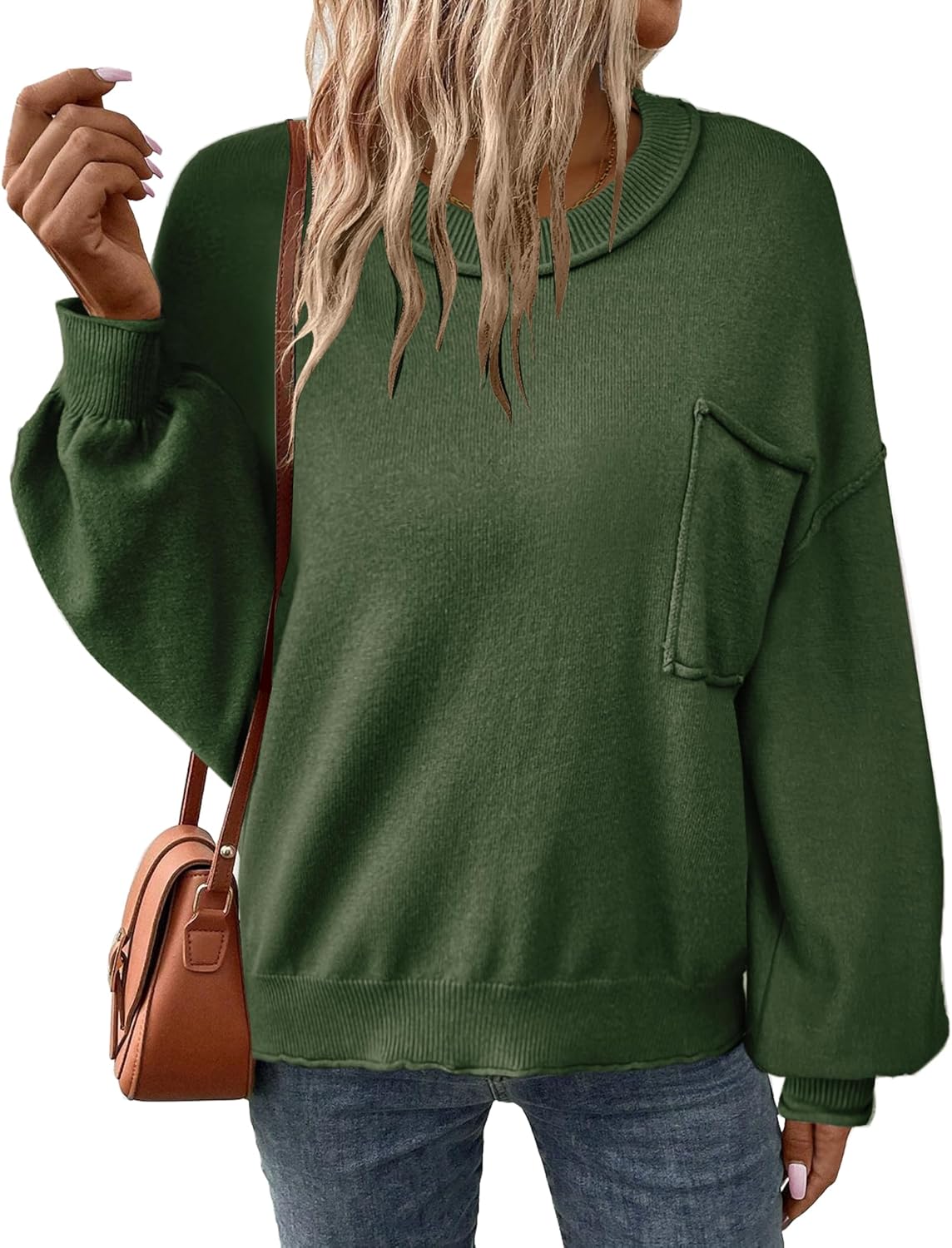 Women's Knit Oversized Lantern Sleeve Sweater – Green