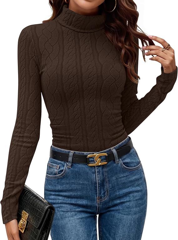 Women's Cable Knit Ruched Slim-Fit Casual Turtleneck Sweater – Brown