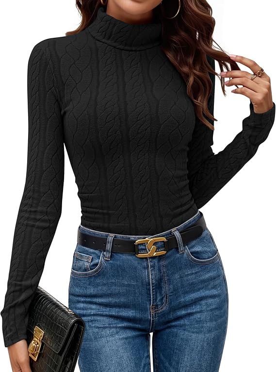 Women's Cable Knit Ruched Slim-Fit Casual Turtleneck Sweater – Black