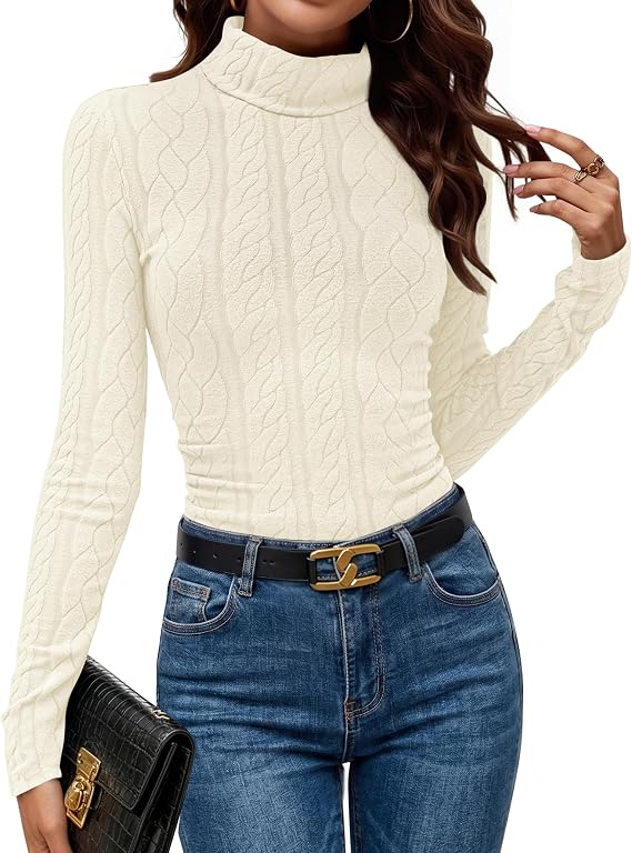 Women's Cable Knit Ruched Slim-Fit Casual Turtleneck Sweater – Apricot