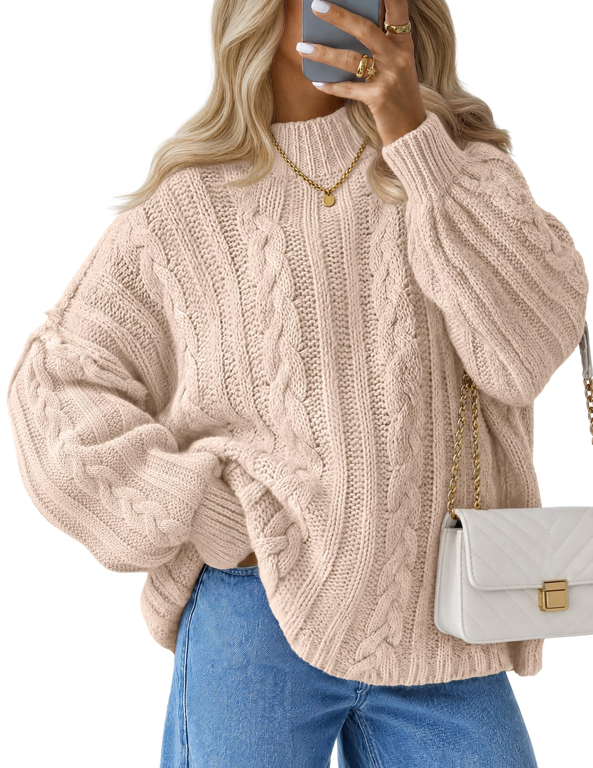Women's Oversized Cable Knit Mock Neck Sweater