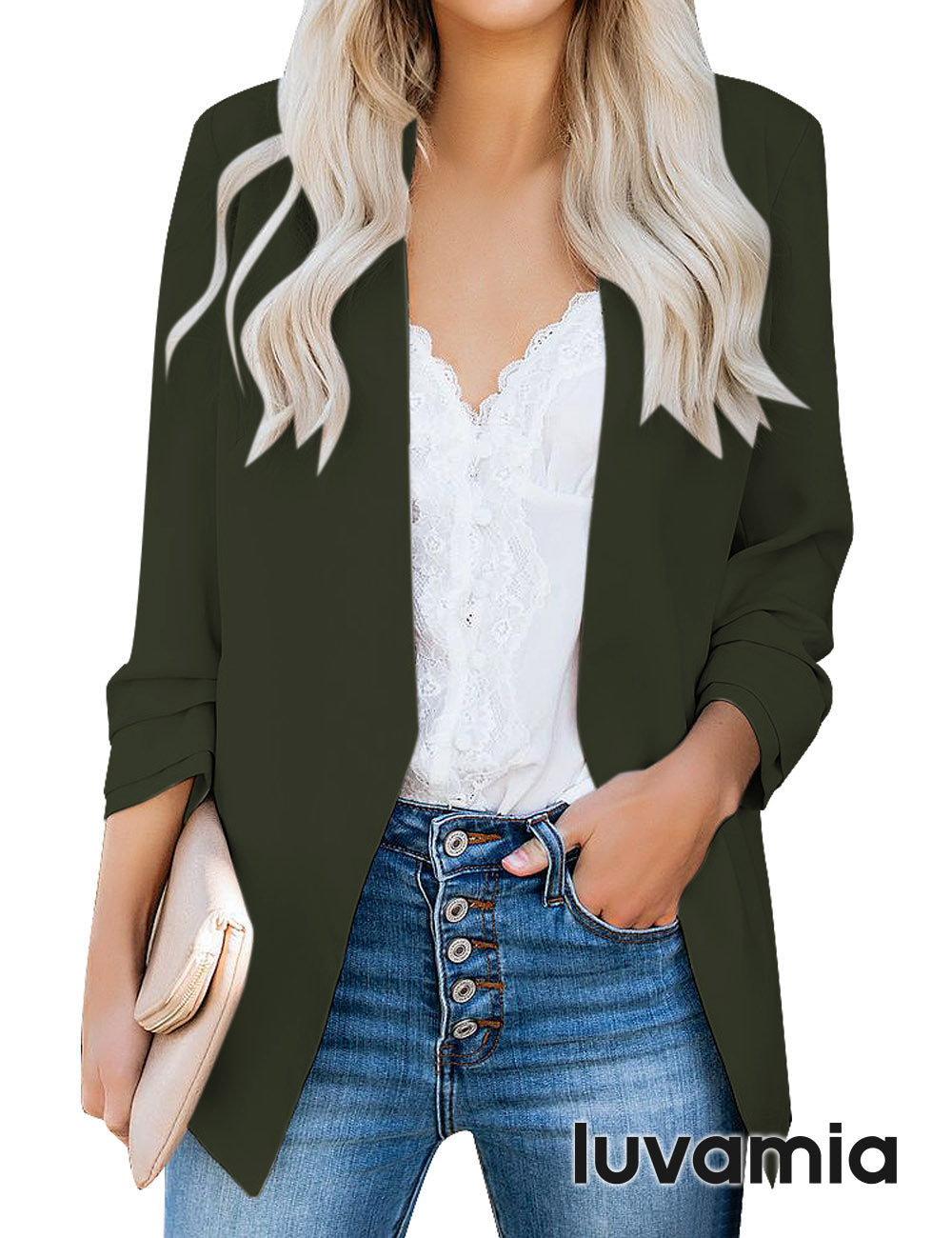 Women's Lapel Long Sleeve Workwear Casual Blazer – Army Green