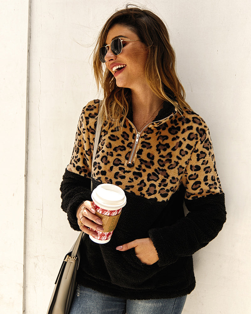 Women's Long Sleeve Leopard Print Colour-Block Coat – Black