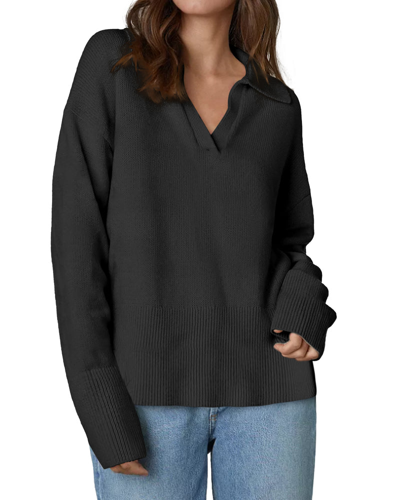 Women's Knit Oversized V-Neck Striped Sweater – Black
