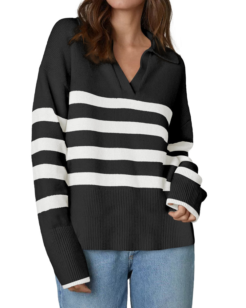 Women's Knit Oversized V-Neck Striped Sweater – Striped Black