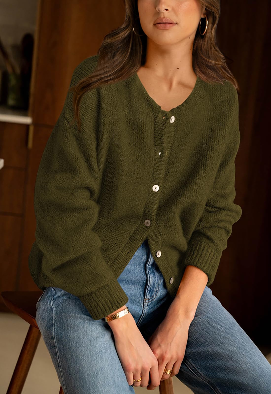 Women's Chunky Knit Open-Front Button-Down Crew Neck Sweater – Army Green