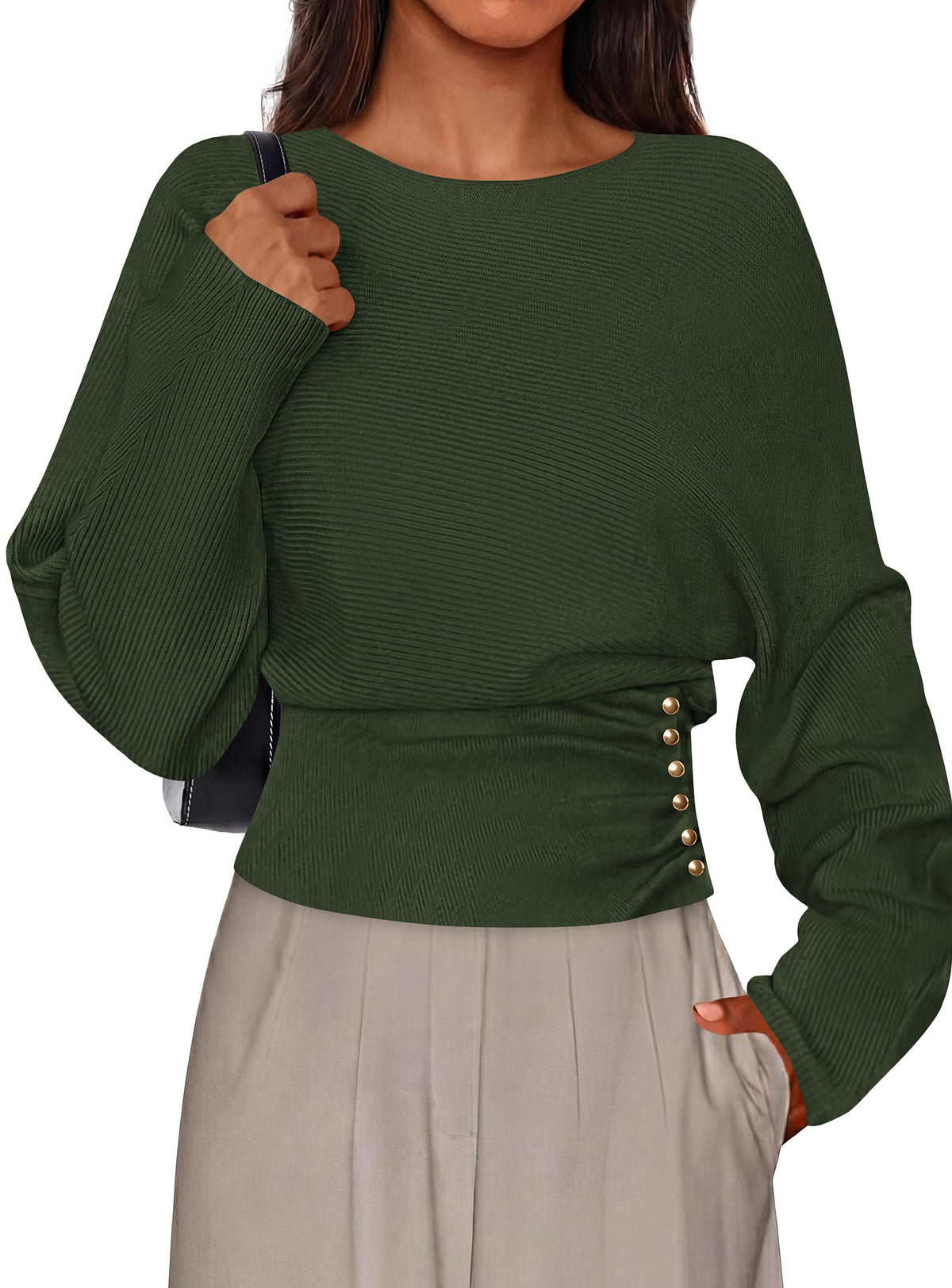 Women's Ribbed Knit Batwing Business Workwear Sweater – Army Green