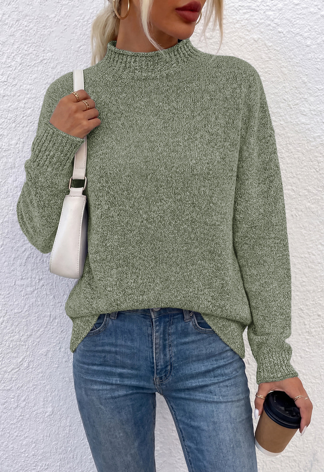 Women's Ribbed Knit Mock Neck Relaxed-Fit Casual Sweater – Army Green