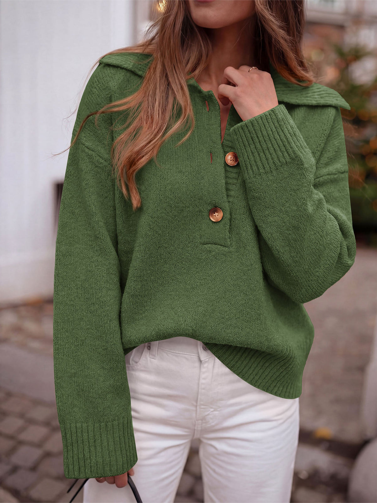 Women's Ribbed Knit Button-Up V-Neck Casual Knit Polo Sweater – Army Green