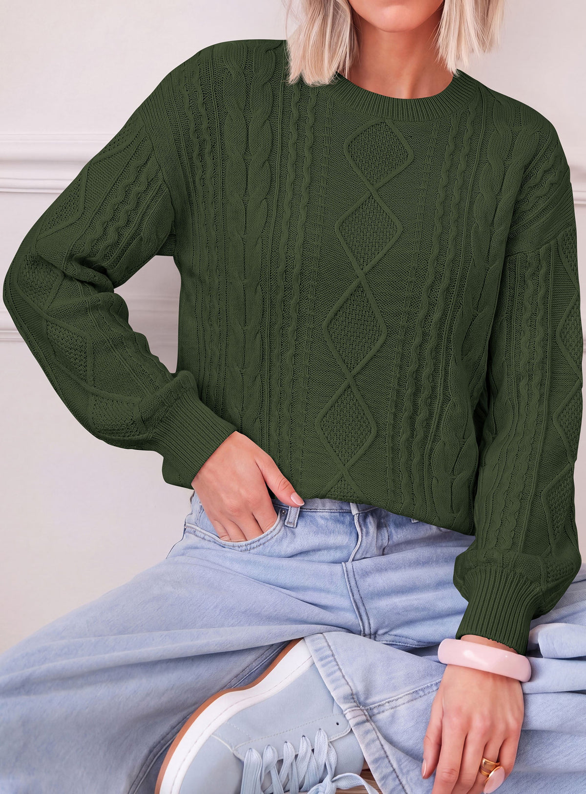 Women's Cable Knit Crew Neck Relaxed-Fit Warm Sweater – Army Green