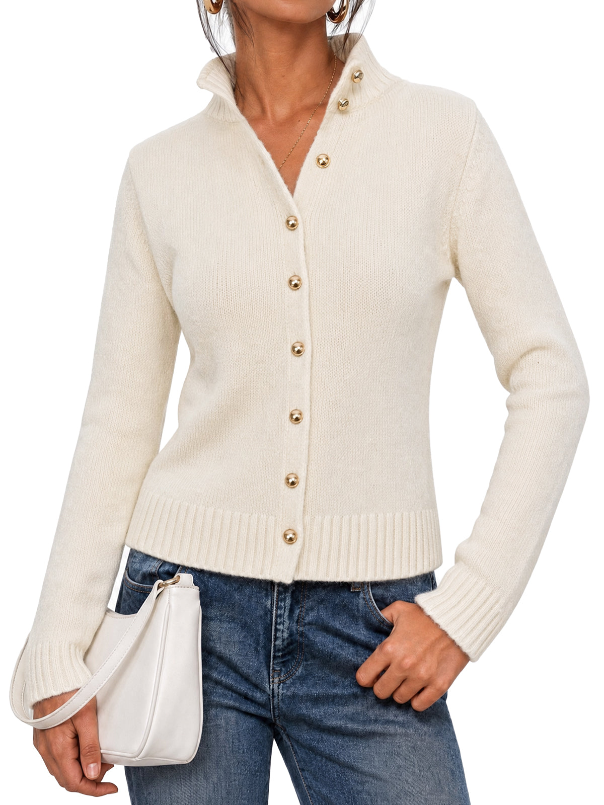 Women's Knit Stand Collar Cardigan – White
