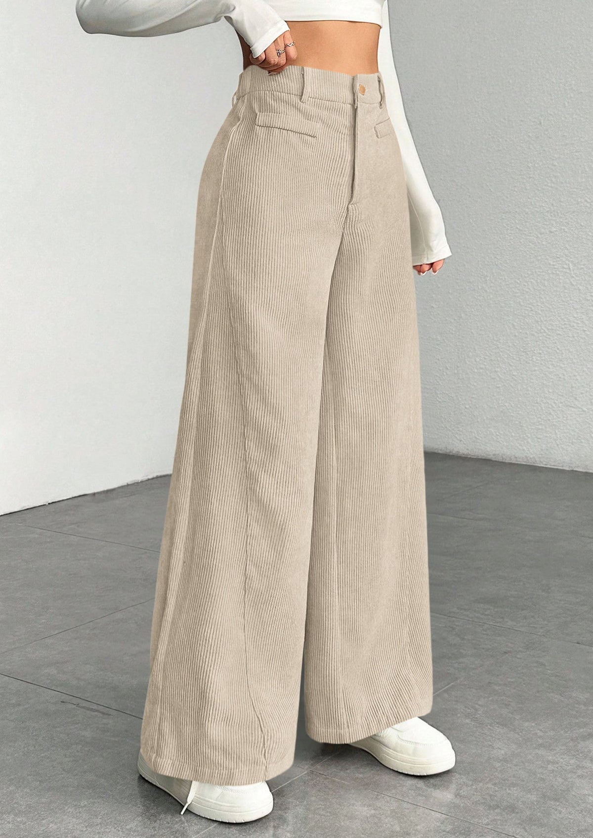 Women's Corduroy Pocketed Textured Workwear Wide-Leg Trousers – Beige White