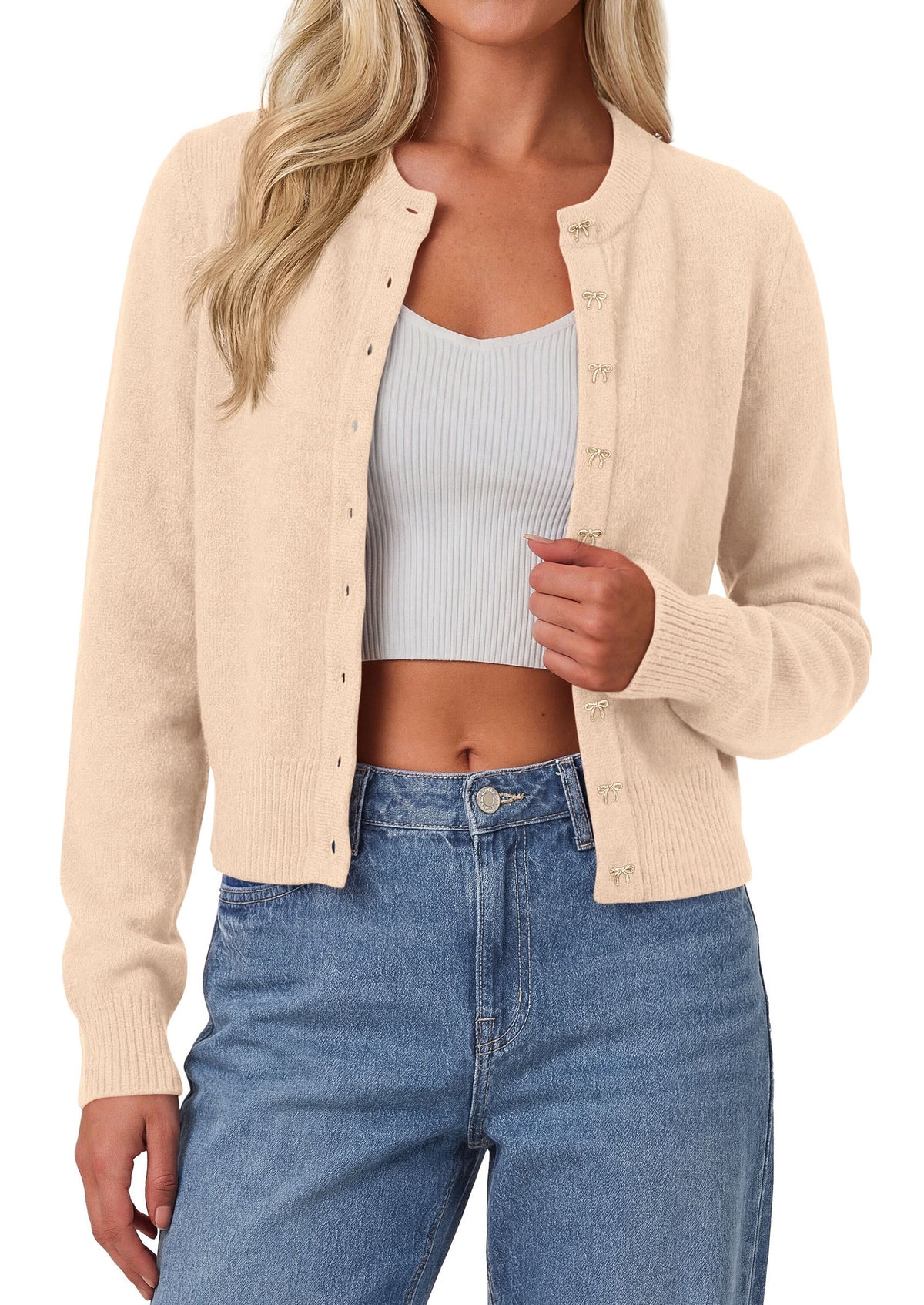 Women's Knit Cropped Button-Up Crew Neck Cardigan – Beige