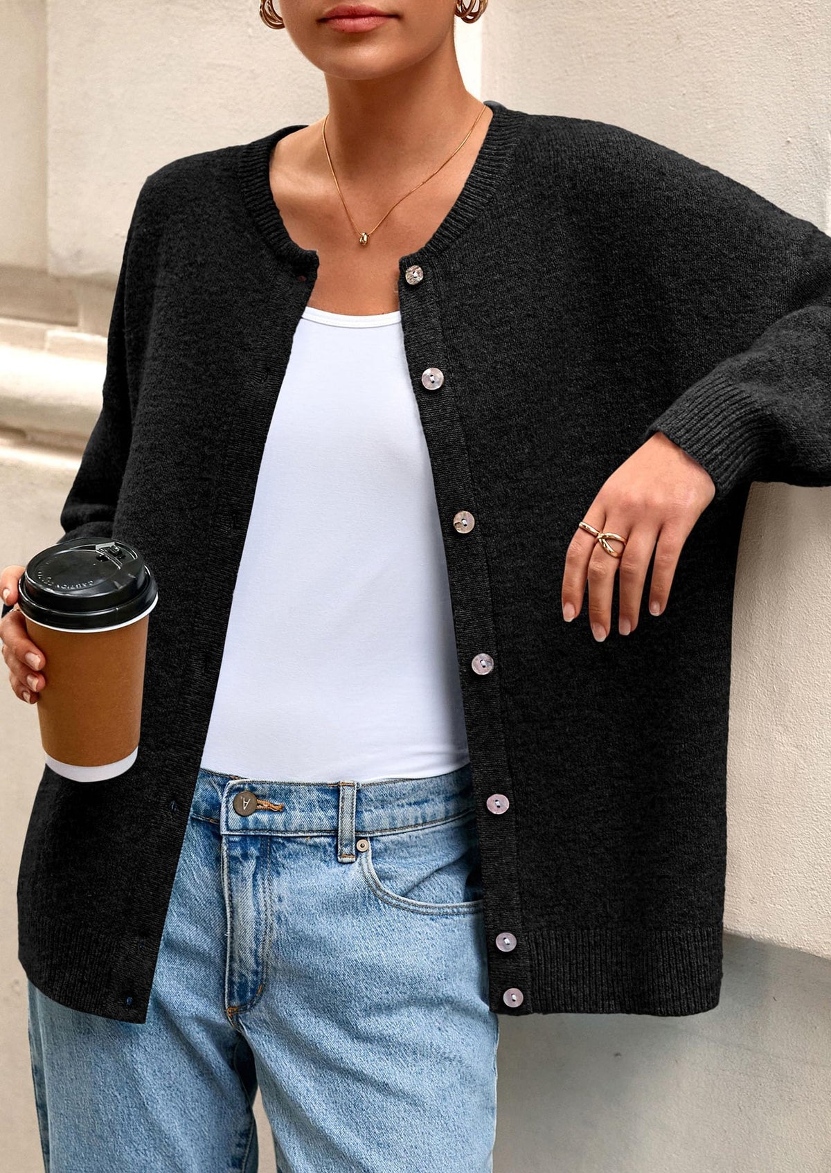 Women's Knit Open-Front Button-Down Crew Neck Cardigan – Black