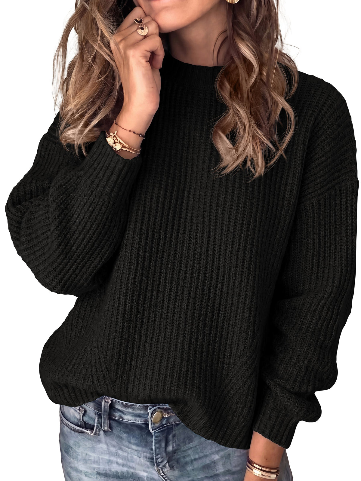 Women's Oversized Long Sleeve Chunky Knit Crew Neck Sweater