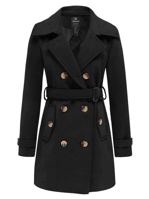 Women's Double-Breasted Pea Trench Coat – Black