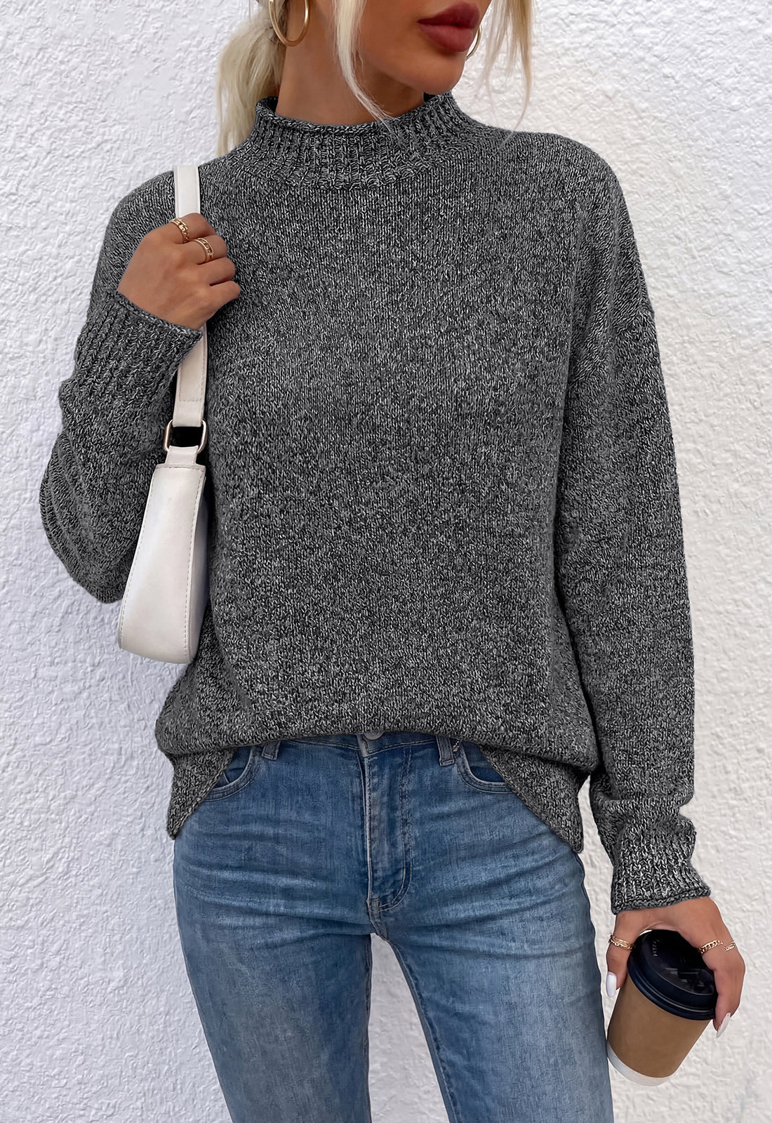 Women's Ribbed Knit Mock Neck Relaxed-Fit Casual Sweater – Black