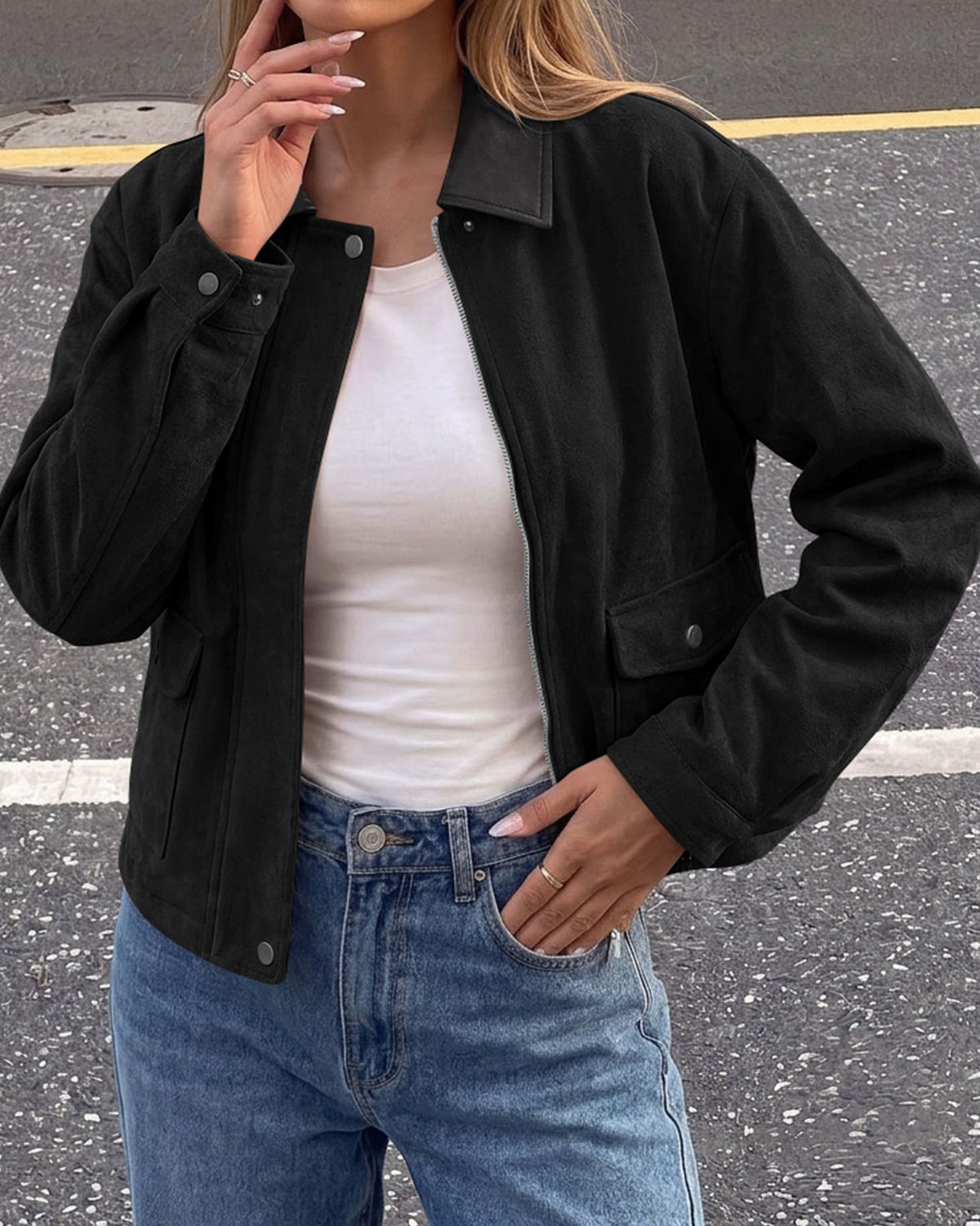 Women's Faux Suede Zip-Up Lapel Jacket – Black
