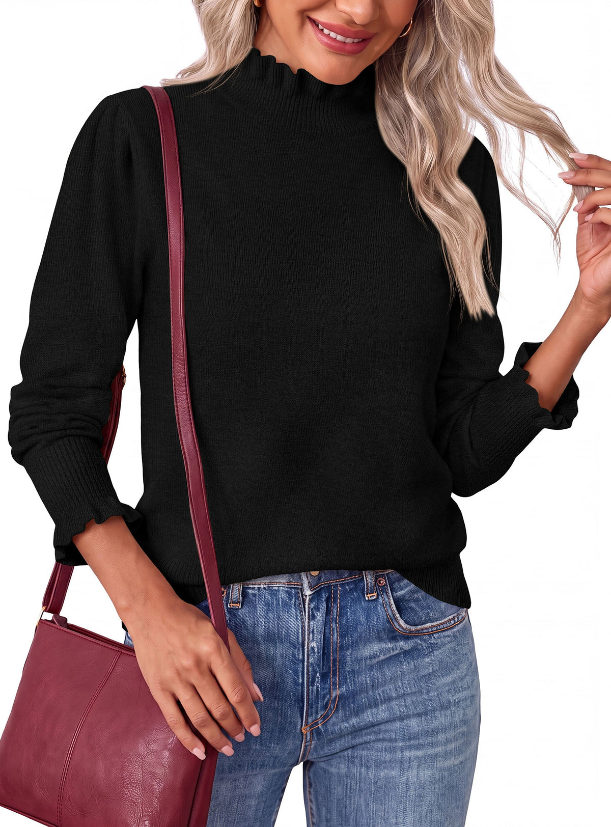 Women's Long Sleeve Ribbed Knit Mock Neck Sweater – Ruffled