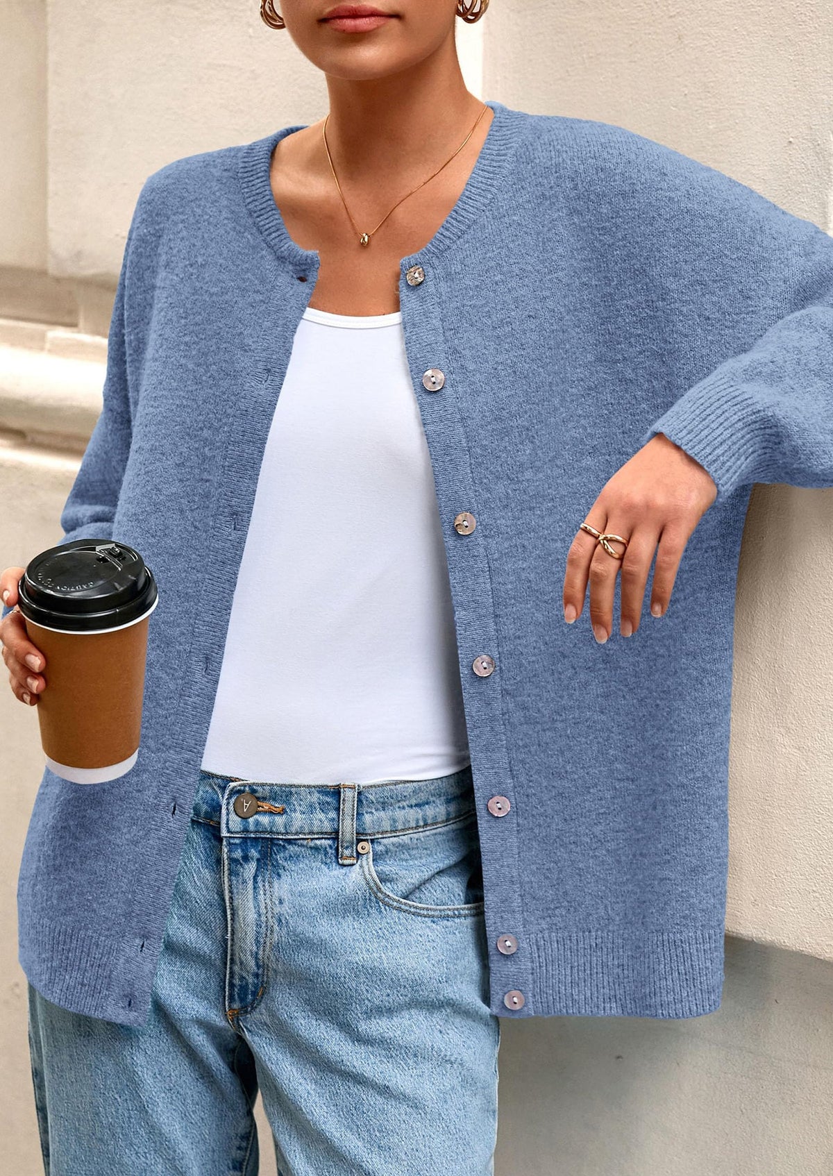 Women's Knit Open-Front Button-Down Crew Neck Cardigan – Blue