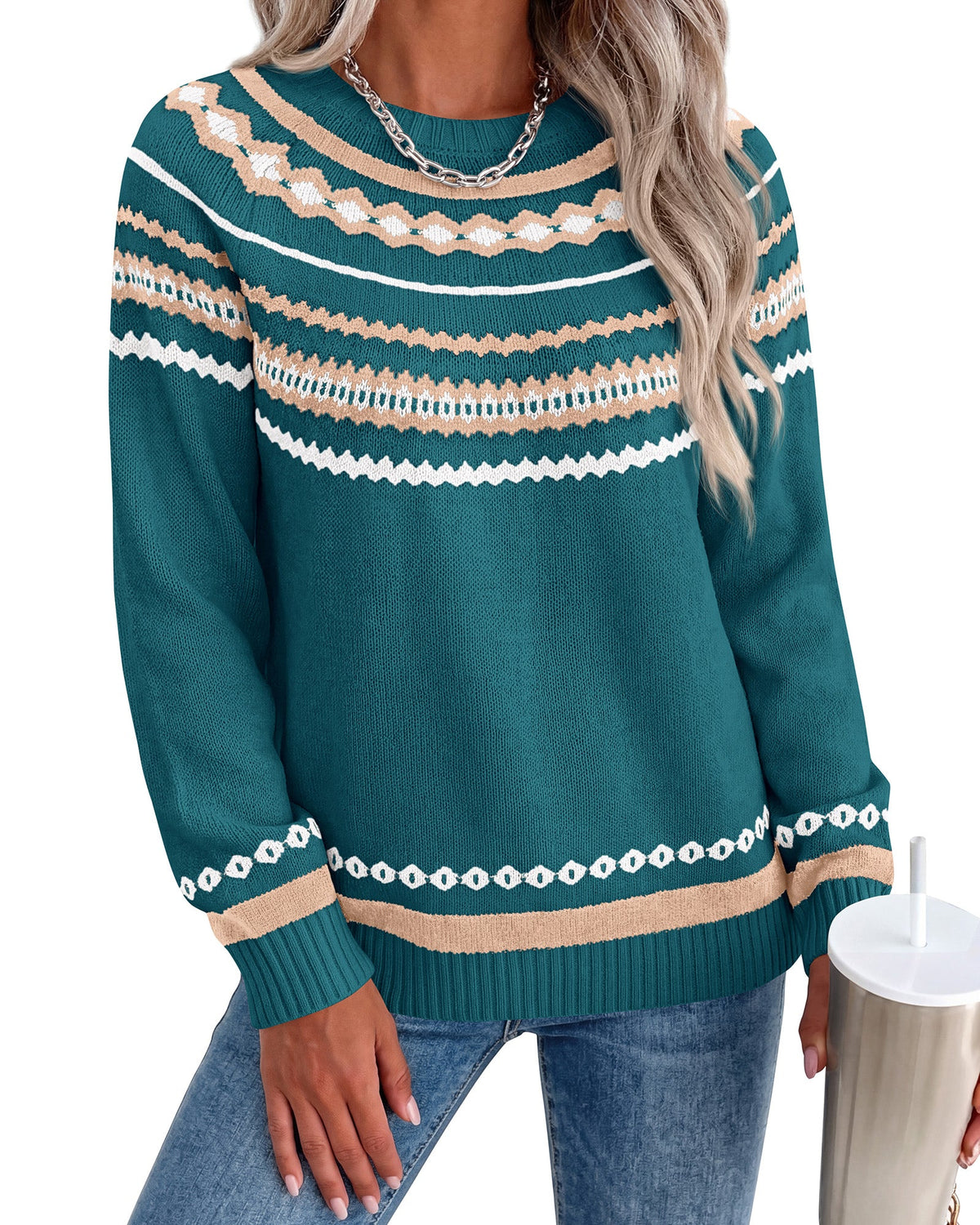 Women's Ribbed Knit Crew Neck Relaxed-Fit Fair Isle Sweater – Blue Green