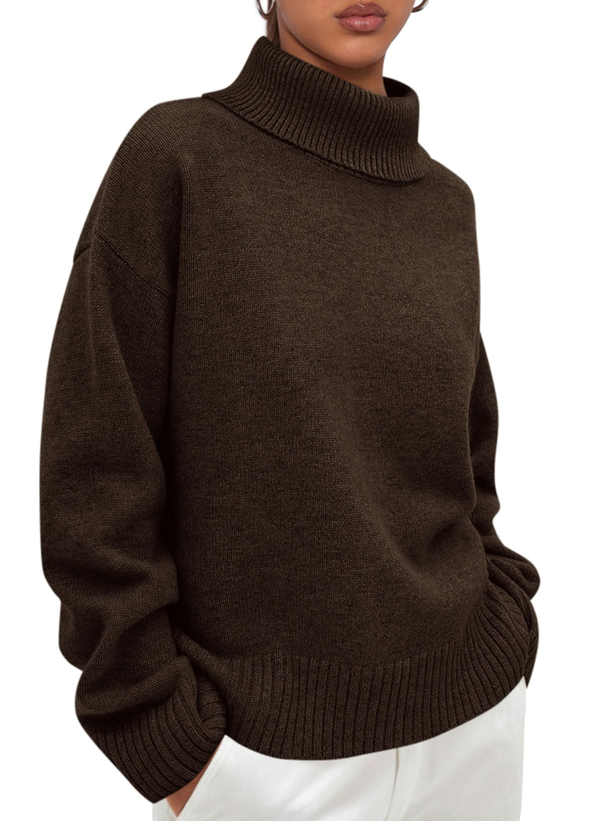 Women's Chunky Knit Relaxed-Fit Casual Turtleneck Sweater – Brown