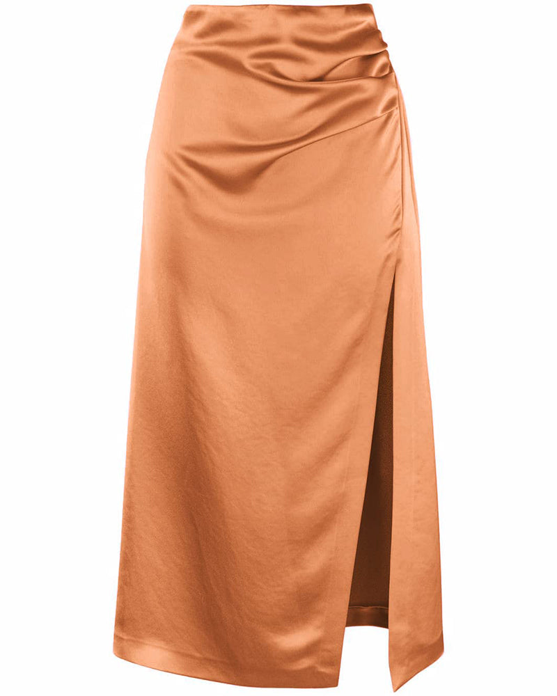 Women's Satin High-Waist Side-Slit Zip Midi Skirt – Brown