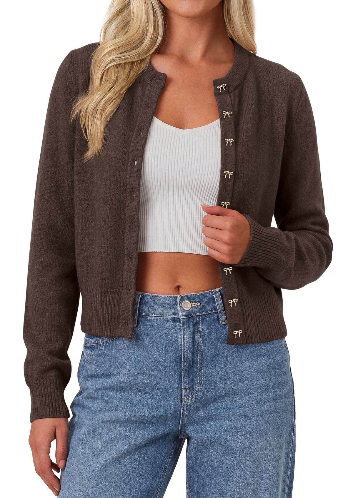 Women's Knit Cropped Button-Up Crew Neck Cardigan – Brown