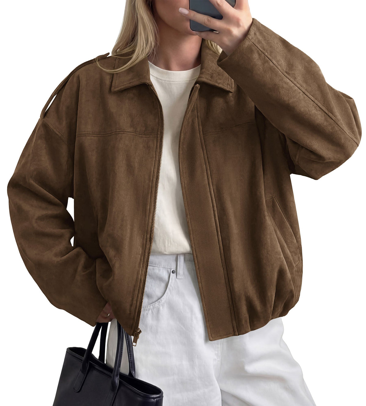 Women's Faux Suede Oversized Cropped Zip-Up Bomber Jacket – Brown