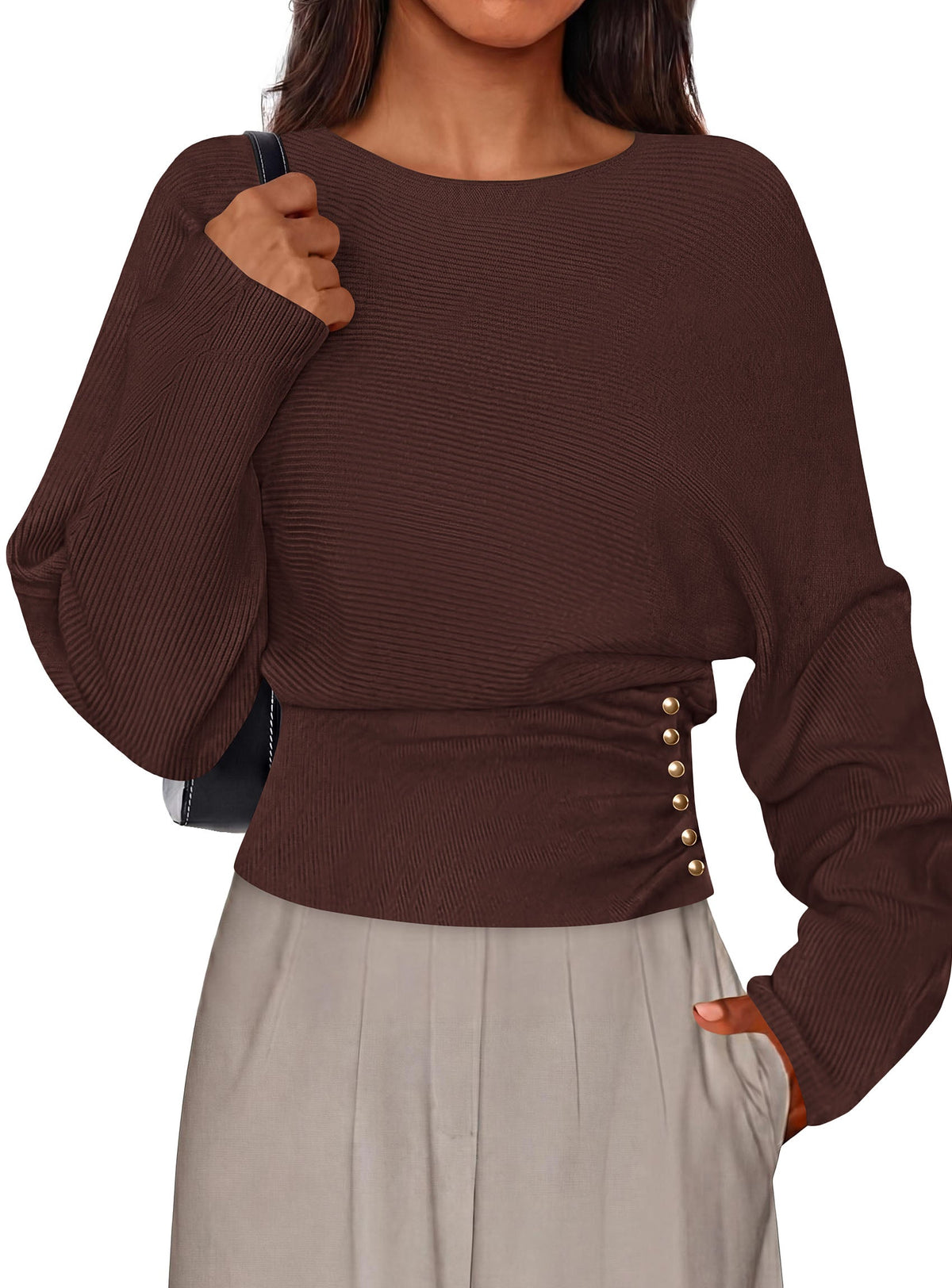 Women's Ribbed Knit Batwing Business Workwear Sweater – Brown