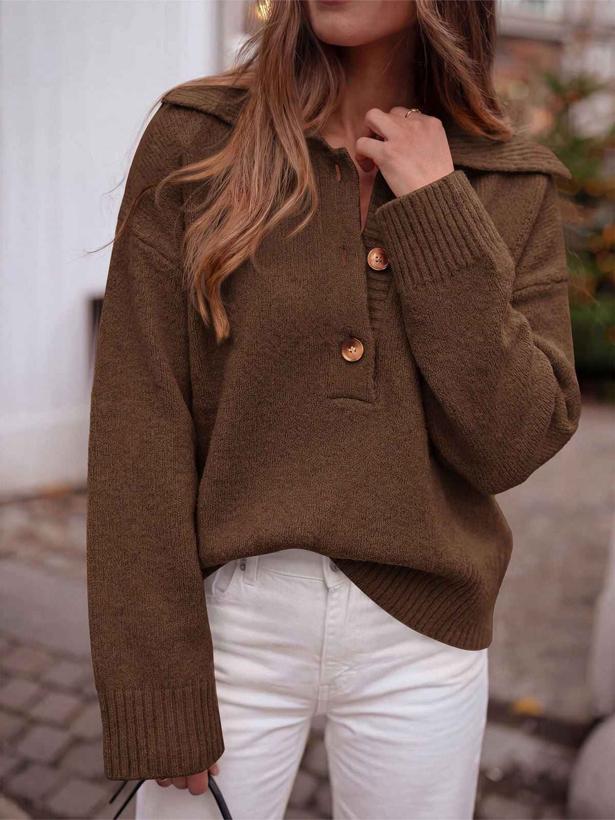 Women's Ribbed Knit Button-Up V-Neck Casual Knit Polo Sweater – Brown