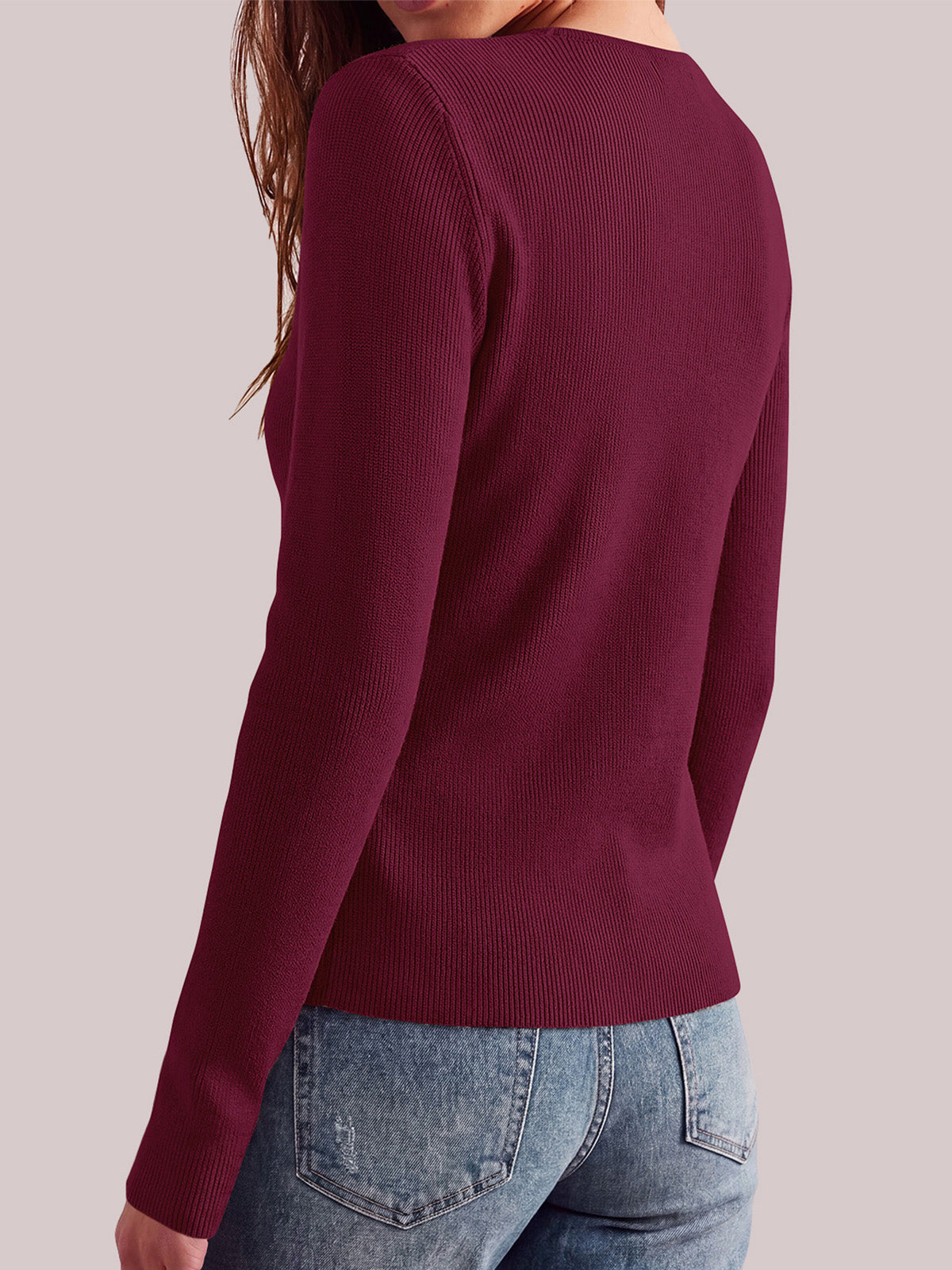 Women's Ribbed Knit Button-Front Crew Neck Business Cardigan – Burgundy