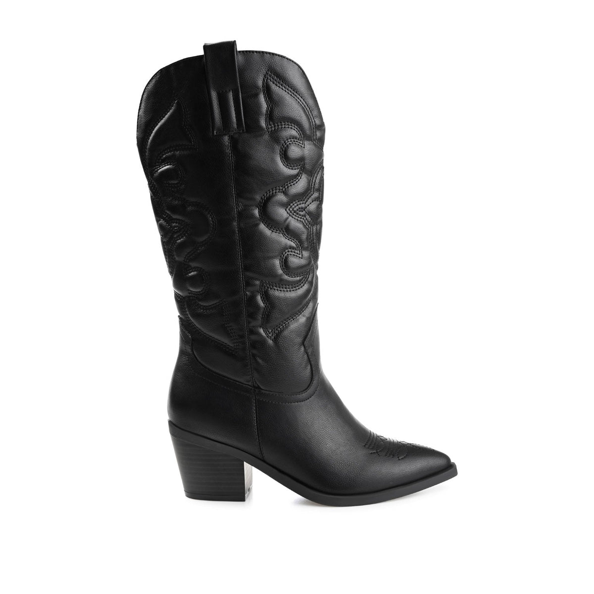 Women's Faux Leather Wide-Calf Cushioned Pull-On Western Boots – Black