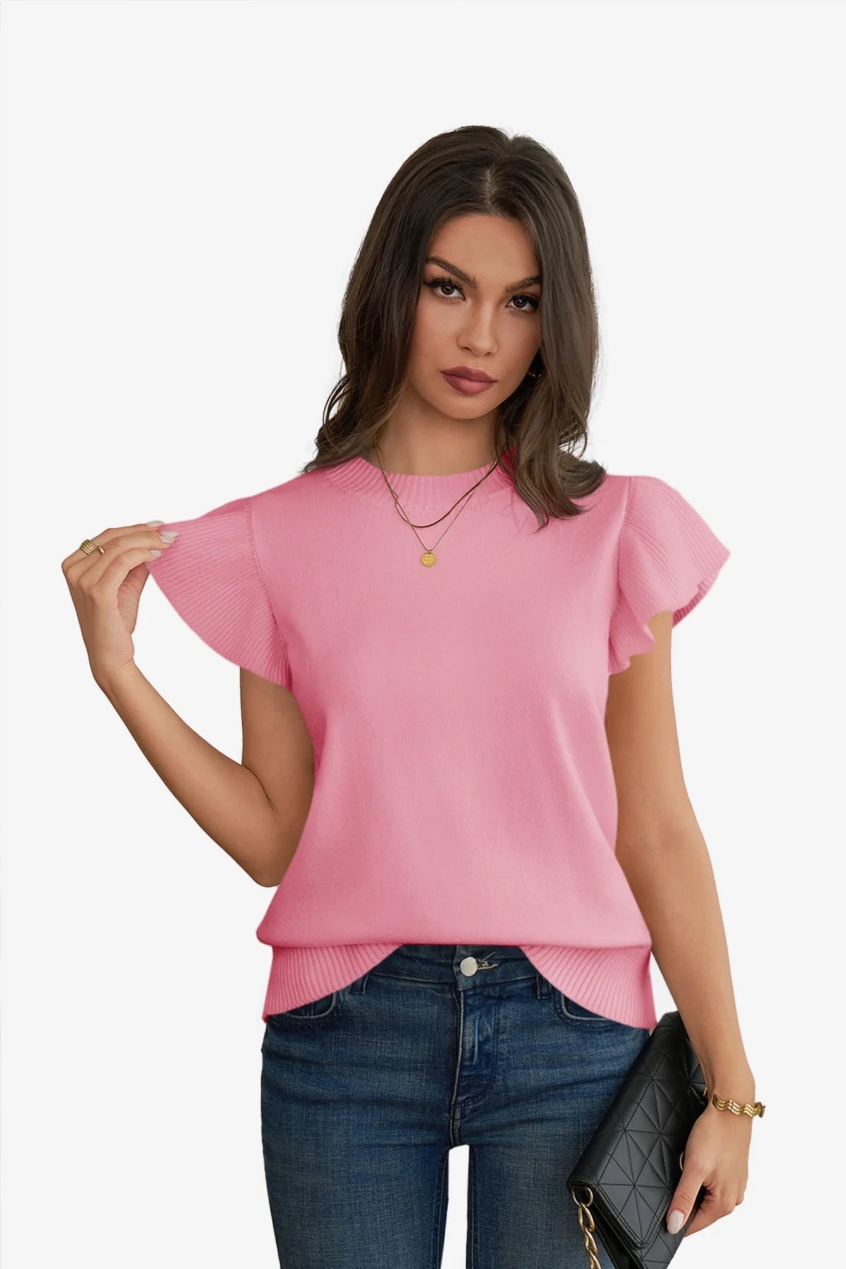 Women's Cropped Ruffled Ruffle Sleeve Sweater – Pink