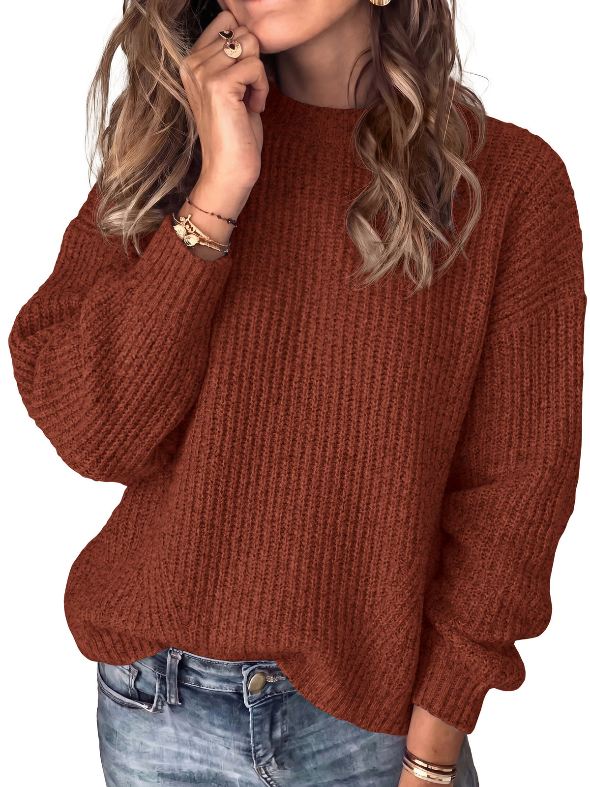 Women's Chunky Knit Crew Neck Relaxed-Fit Casual Sweater – Caramel