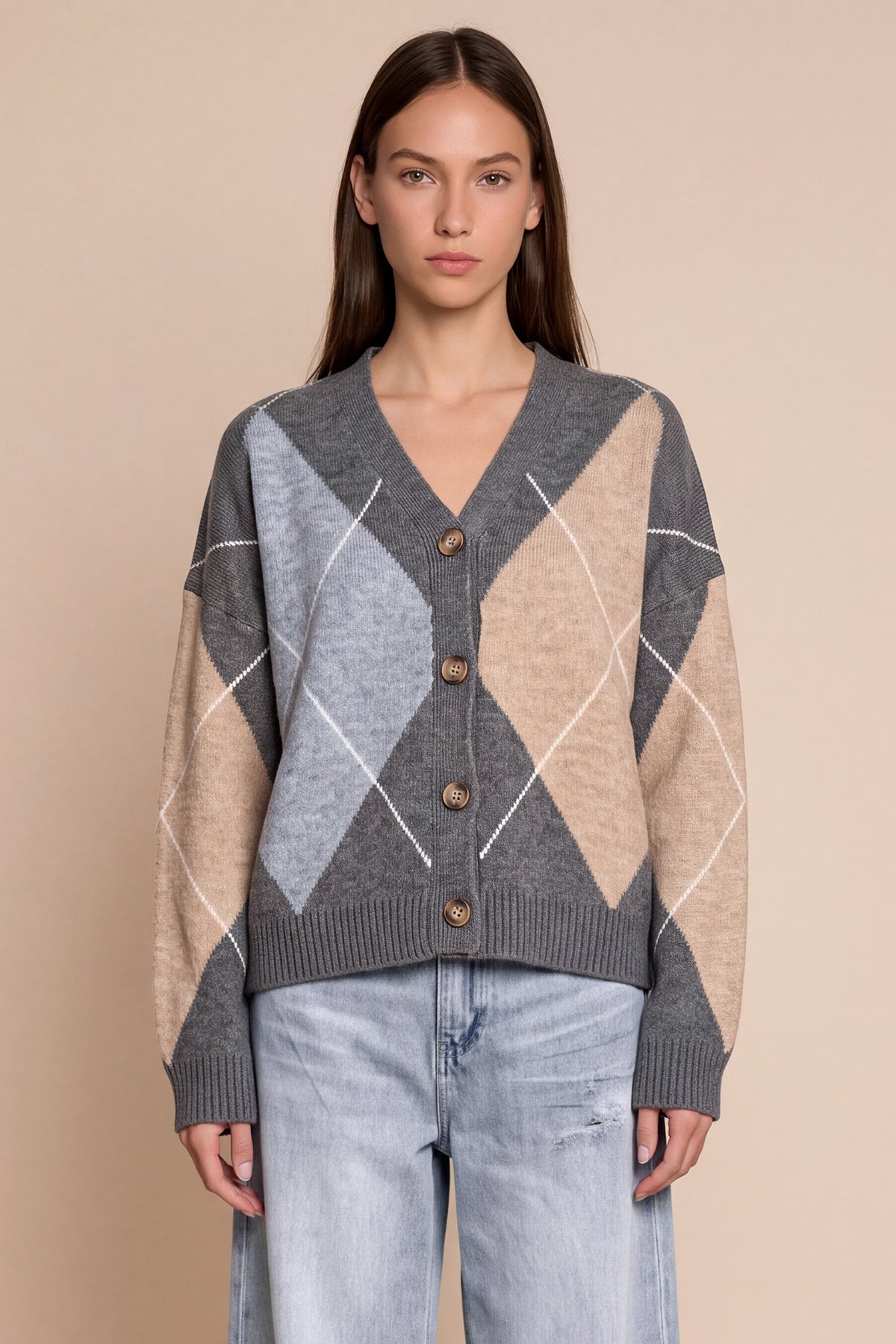 Women's Plaid Colour-Block Cardigan – Gray