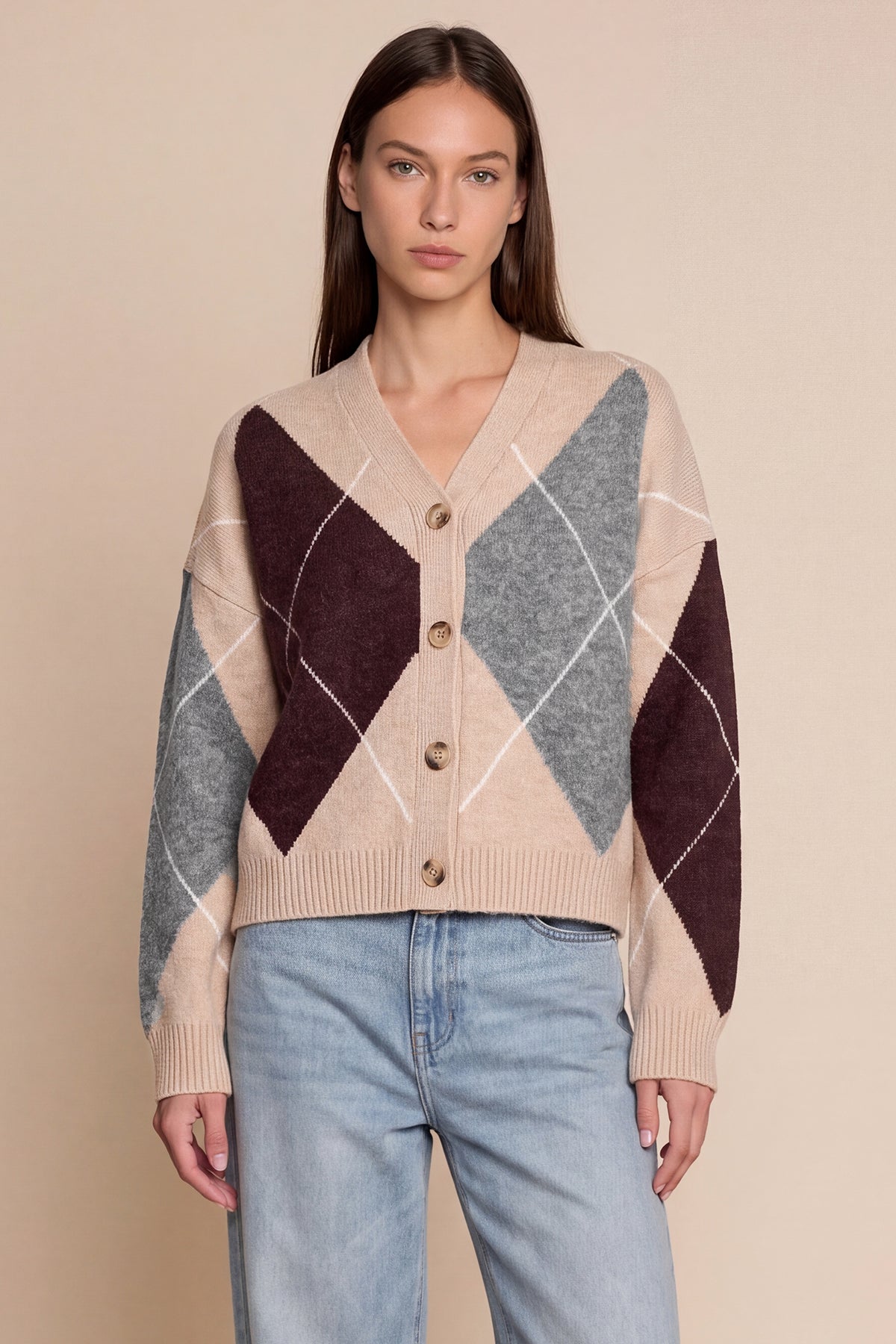 Women's Plaid Colour-Block Cardigan – Khaki