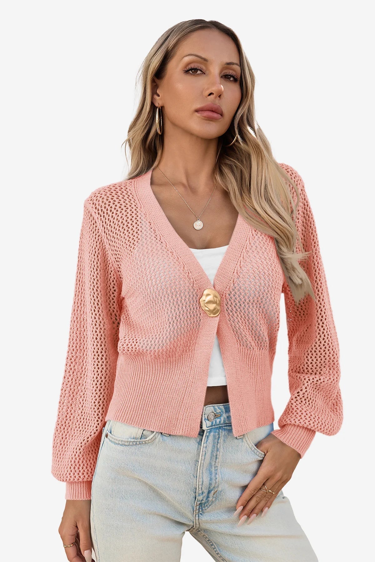 Women's Cropped Crochet Cardigan – Pink