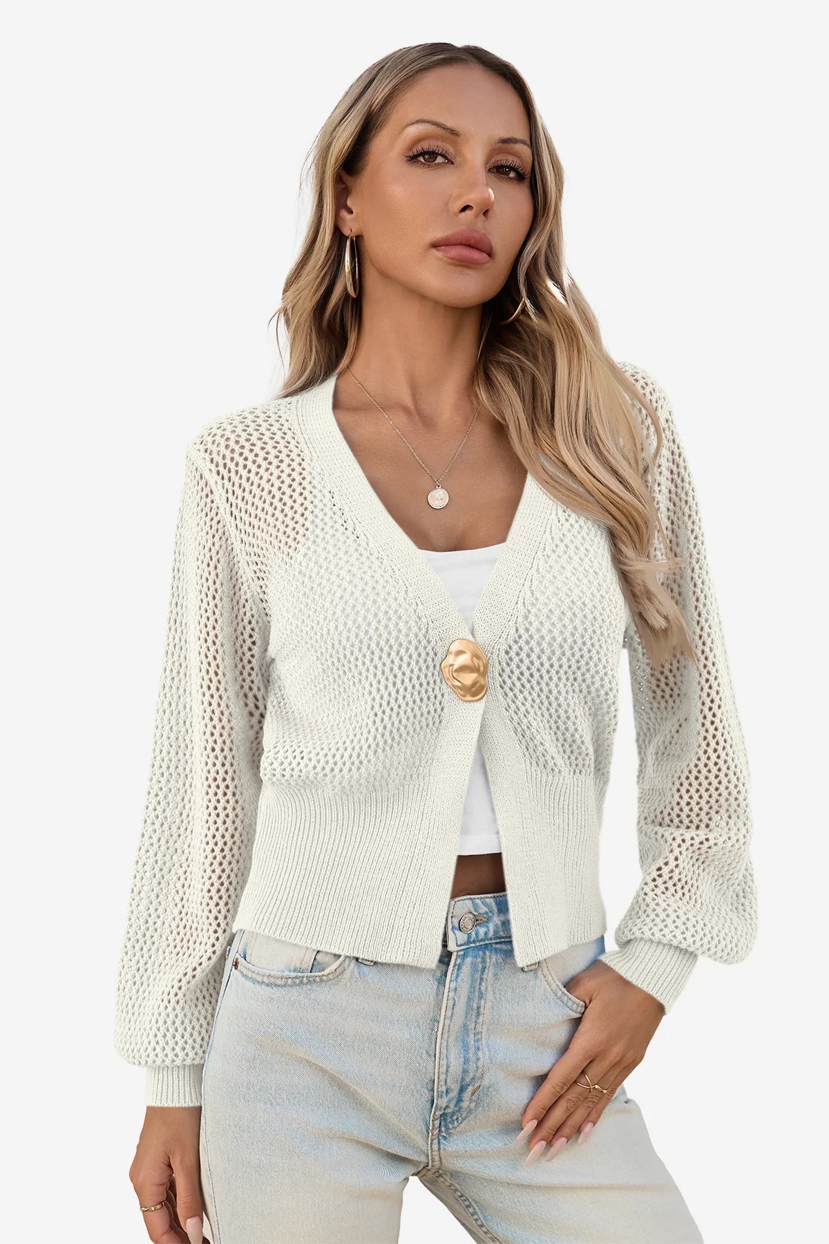 Women's Cropped Crochet Cardigan – White