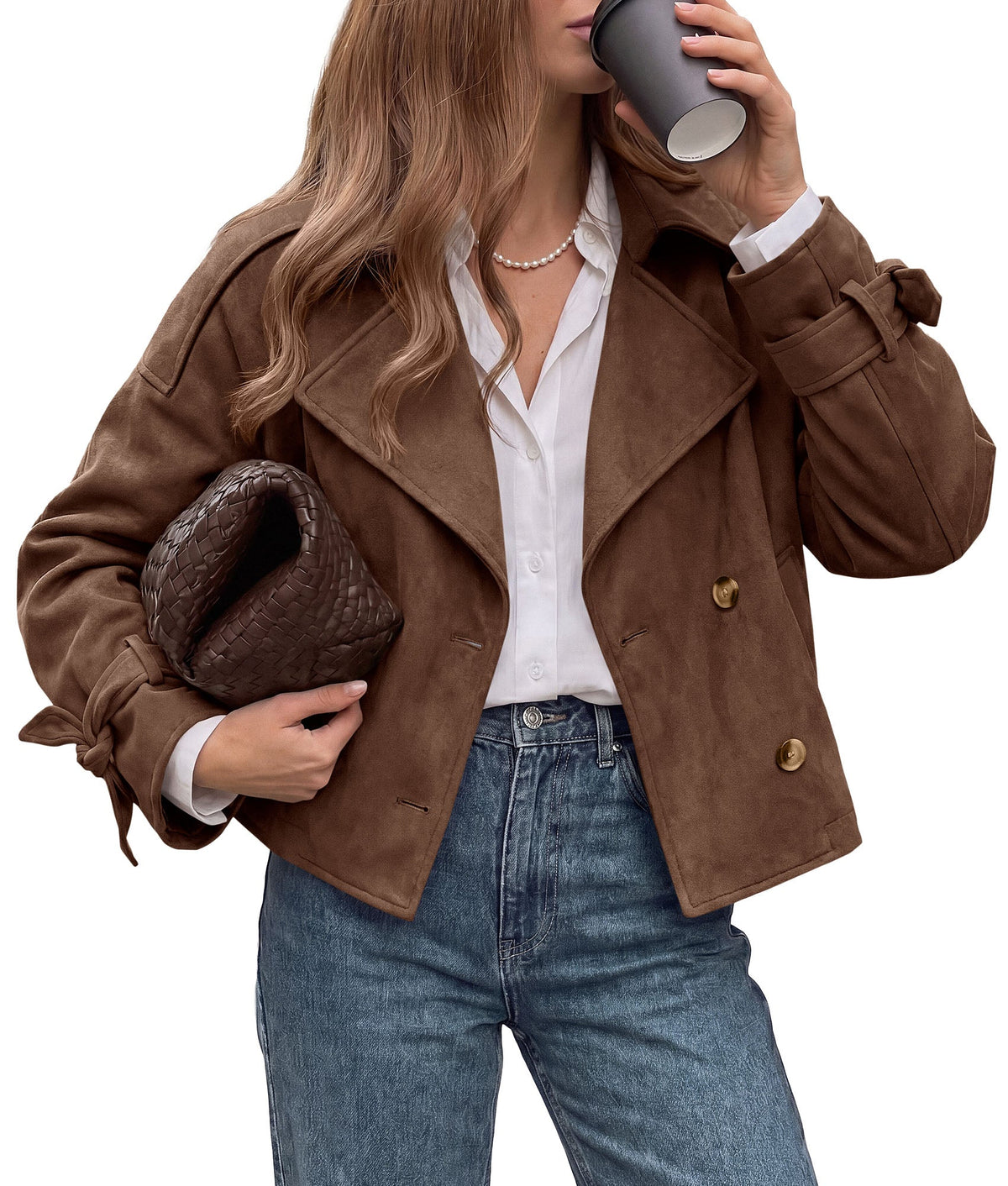 Women's Faux Suede Double-Breasted Cropped Lapel Trench Coat – Coffee
