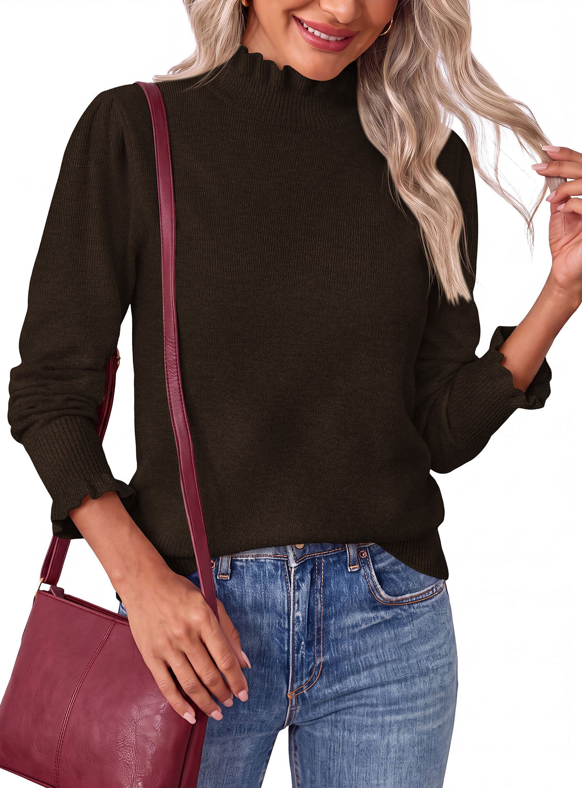Women's Ribbed Knit Mock Neck Ruffled Casual Sweater – Coffee