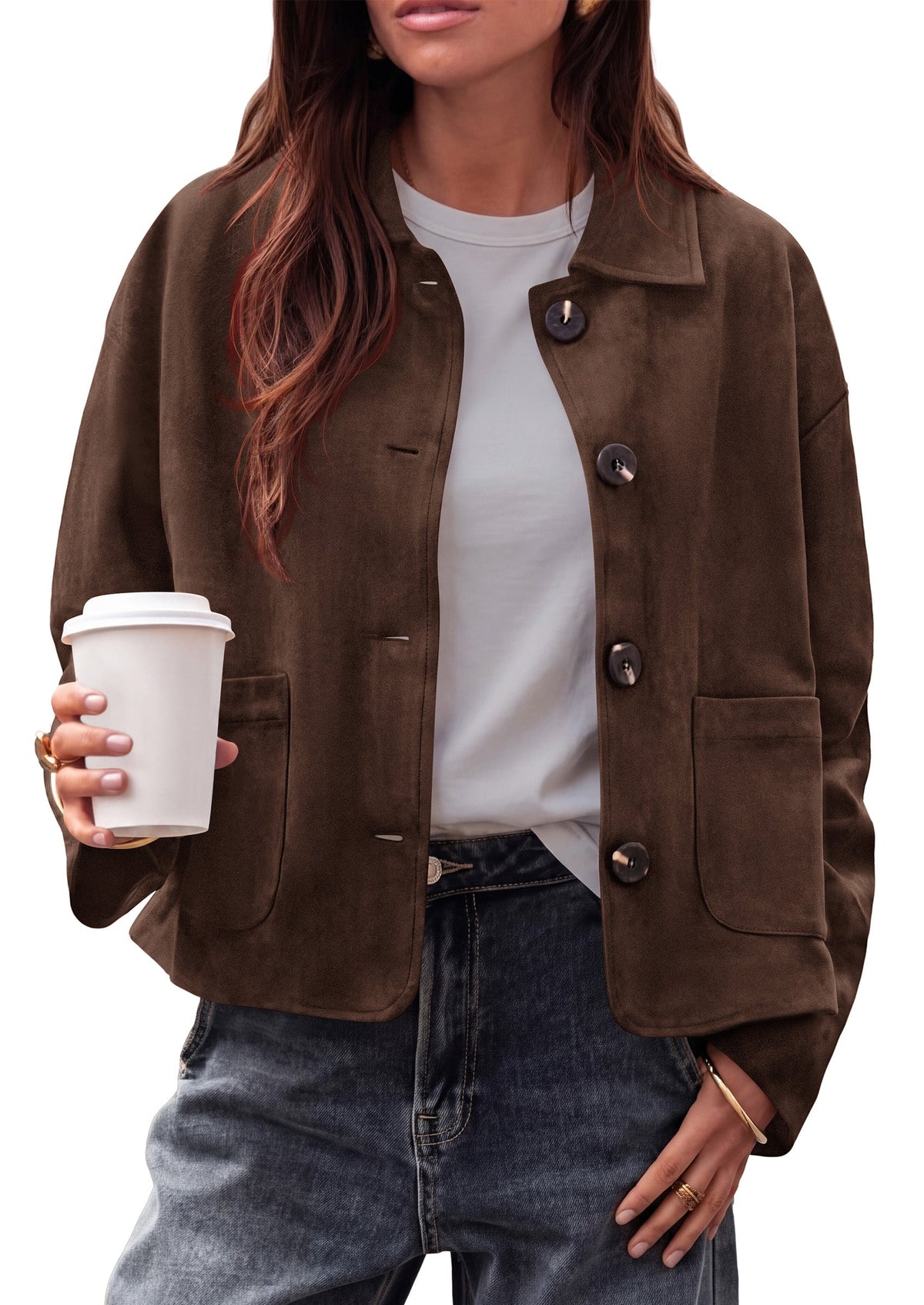 Women's Faux Suede Cropped Button-Front Pocketed Jacket – Dark Brown