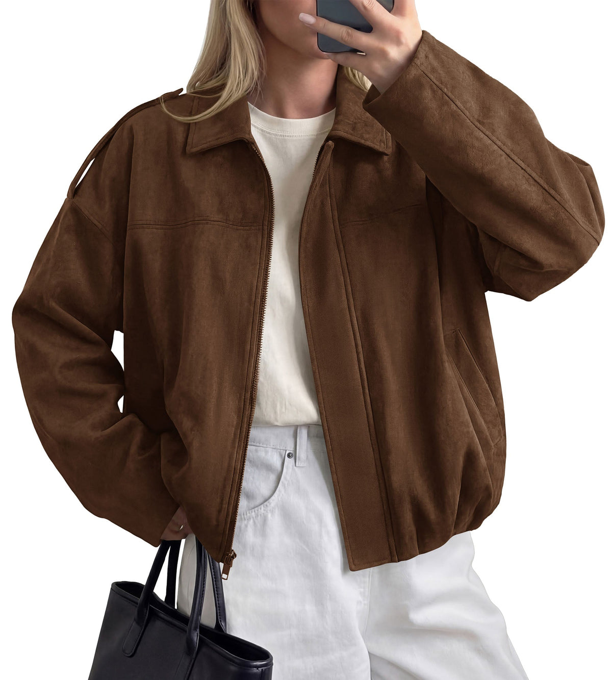 Women's Faux Suede Oversized Cropped Zip-Up Bomber Jacket – Dark Brown